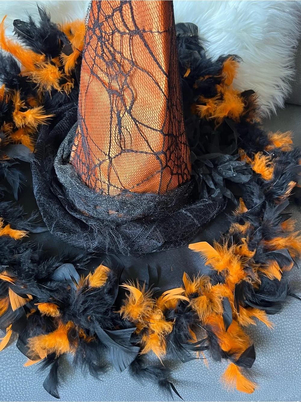 ADORABLE…Halloween Witch Hat with Black and Orange Feather Boa